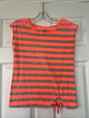 Neon Coral & Heather Gray Striped Lace Shoulder Tee
